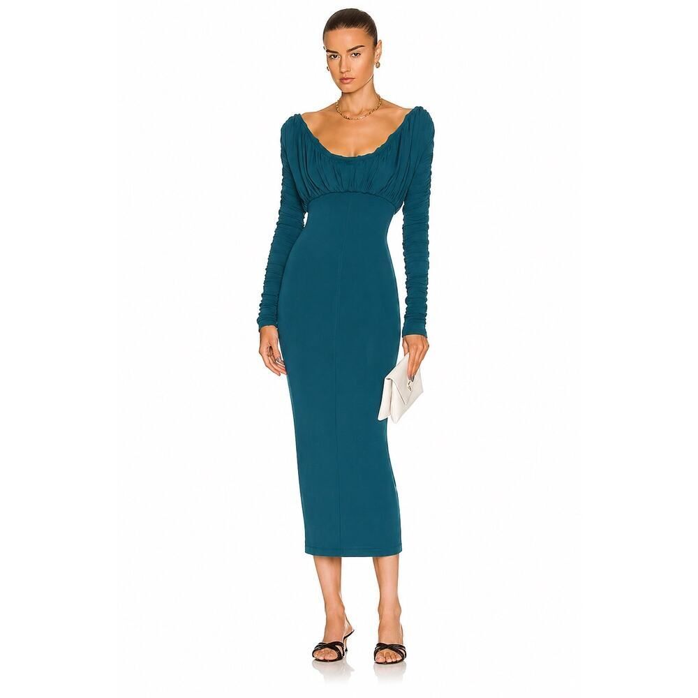TOVE Riley Midi Dress green NWT XS/34/US2  Ruched Long Sleeve